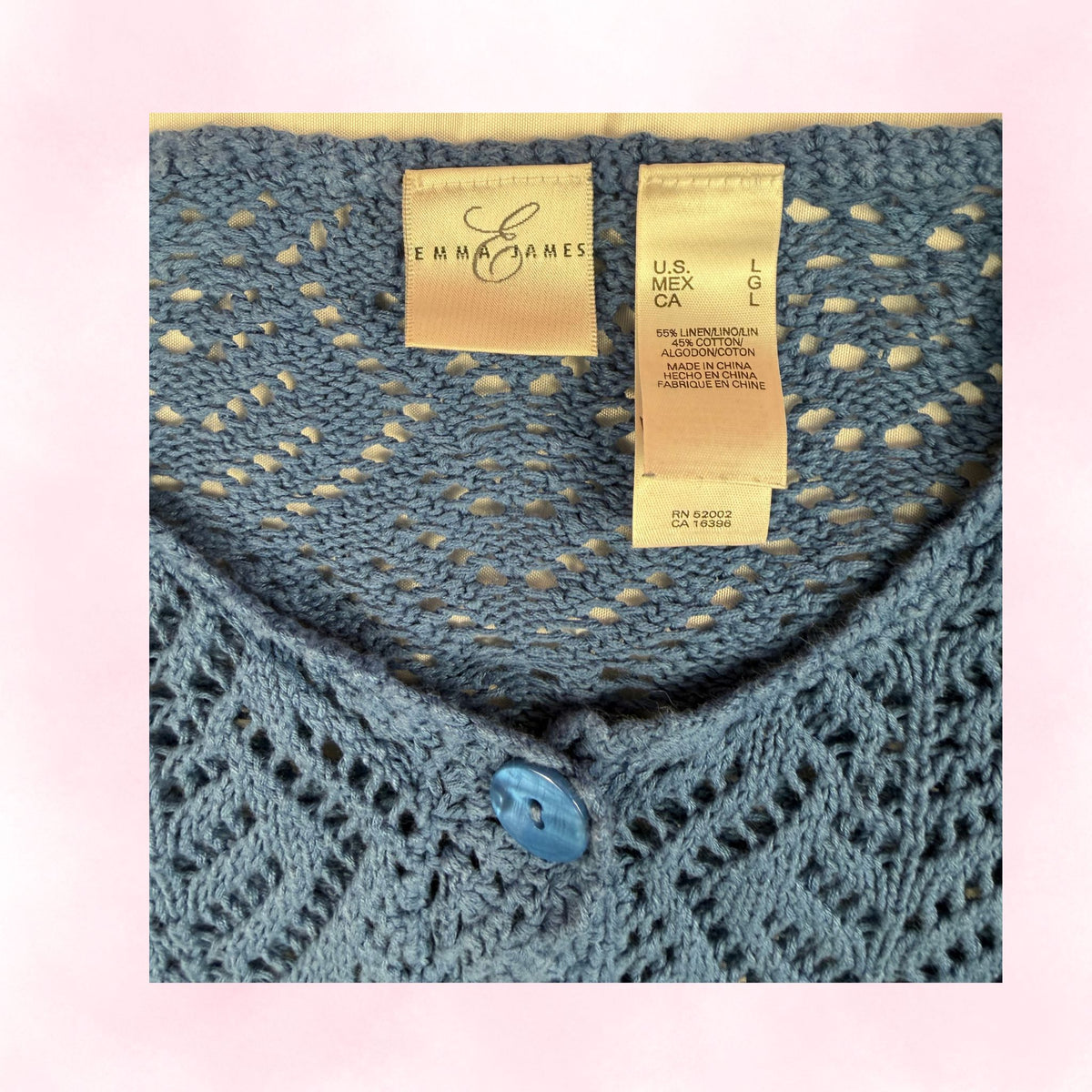 Emma James Women's Blue Crochet Open-Knit Button-Up Cardigan – Size L