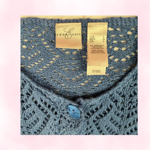 Emma James Women's Blue Crochet Open-Knit Button-Up Cardigan – Size L