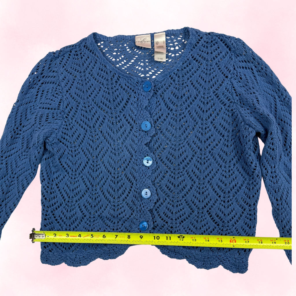 Emma James Women's Blue Crochet Open-Knit Button-Up Cardigan – Size L
