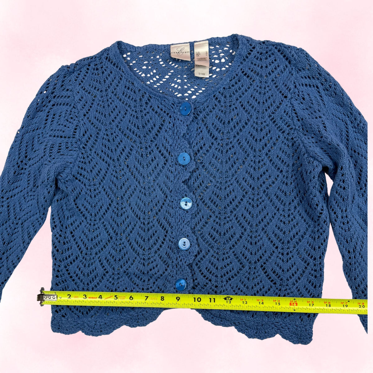 Emma James Women's Blue Crochet Open-Knit Button-Up Cardigan – Size L