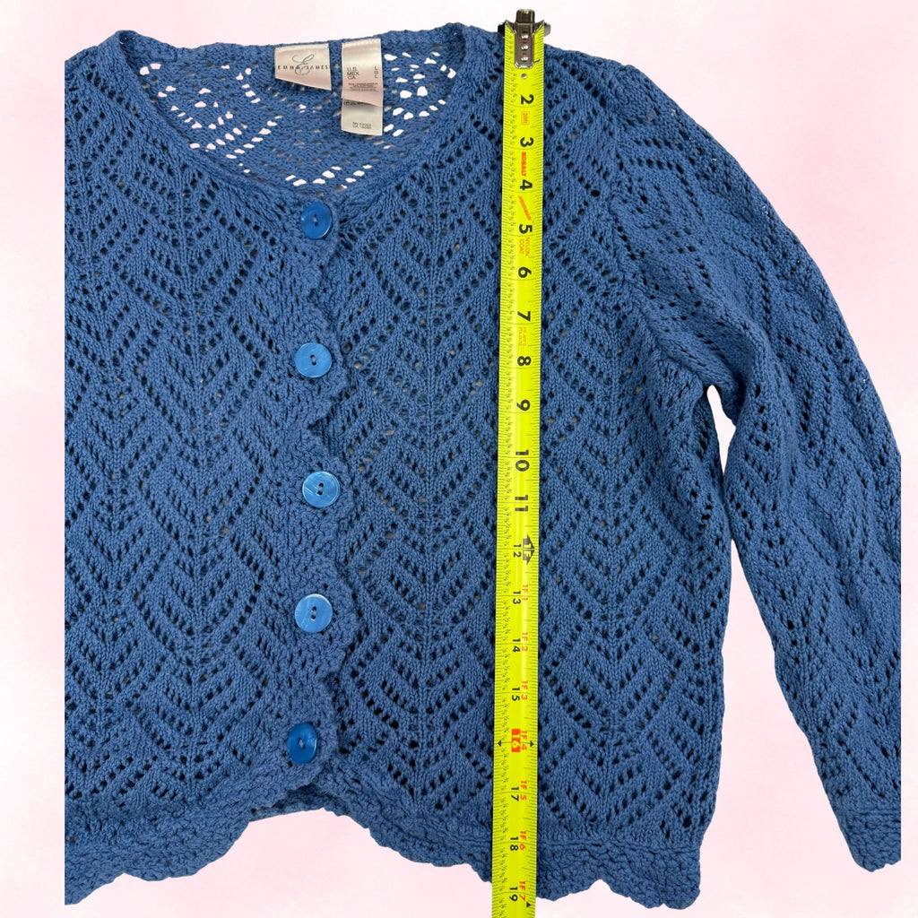 Emma James Women's Blue Crochet Open-Knit Button-Up Cardigan – Size L