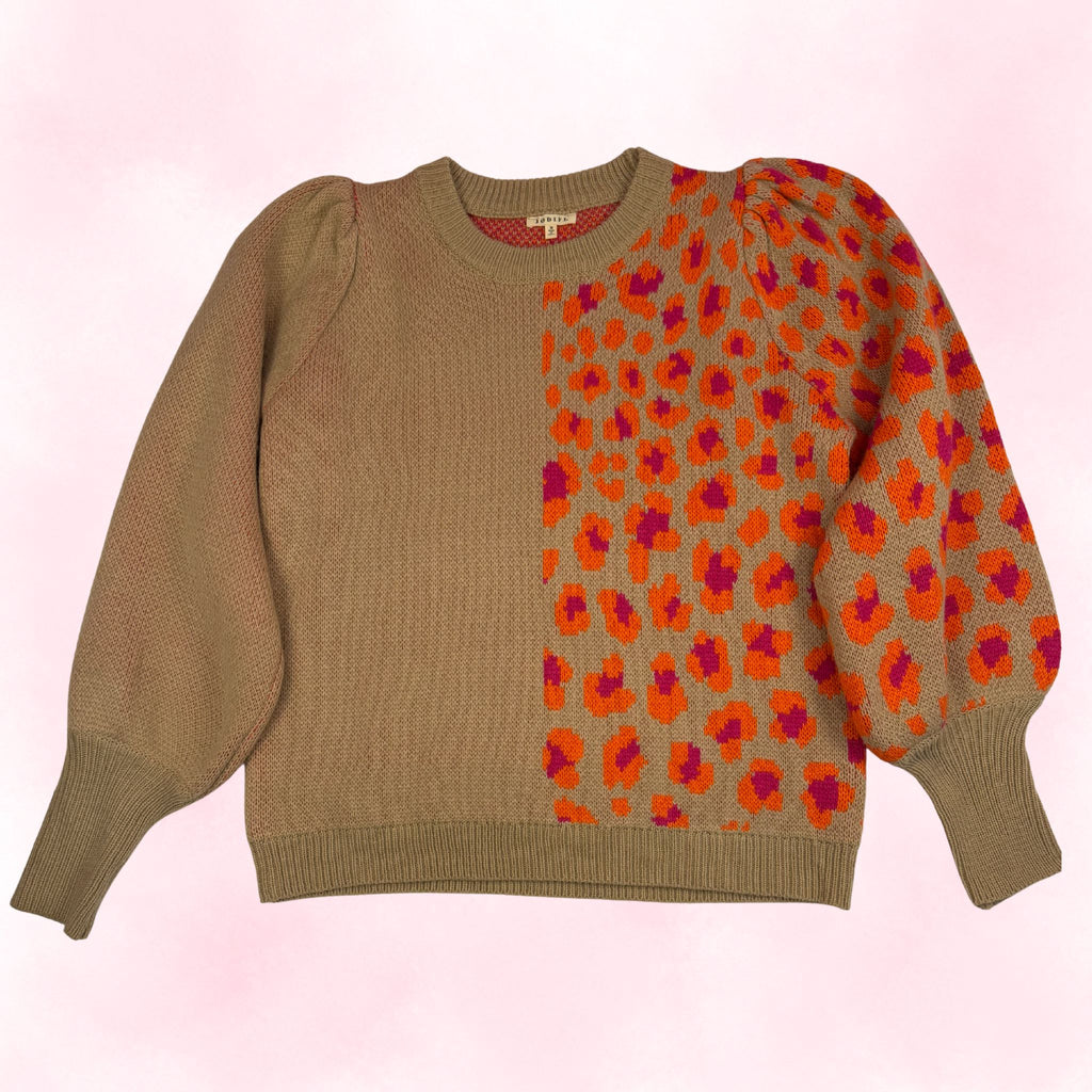 Jodifl Women's Tan Leopard Print Colorblock Puff Sleeve Sweater – Size M