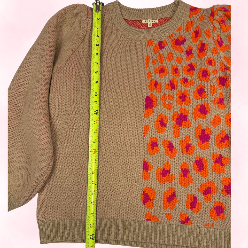 Jodifl Women's Tan Leopard Print Colorblock Puff Sleeve Sweater – Size M