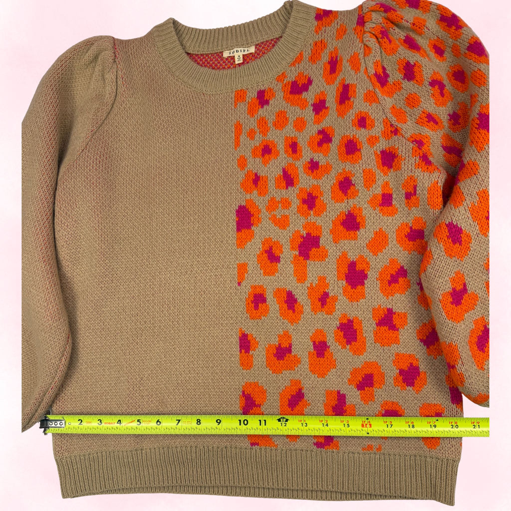 Jodifl Women's Tan Leopard Print Colorblock Puff Sleeve Sweater – Size M