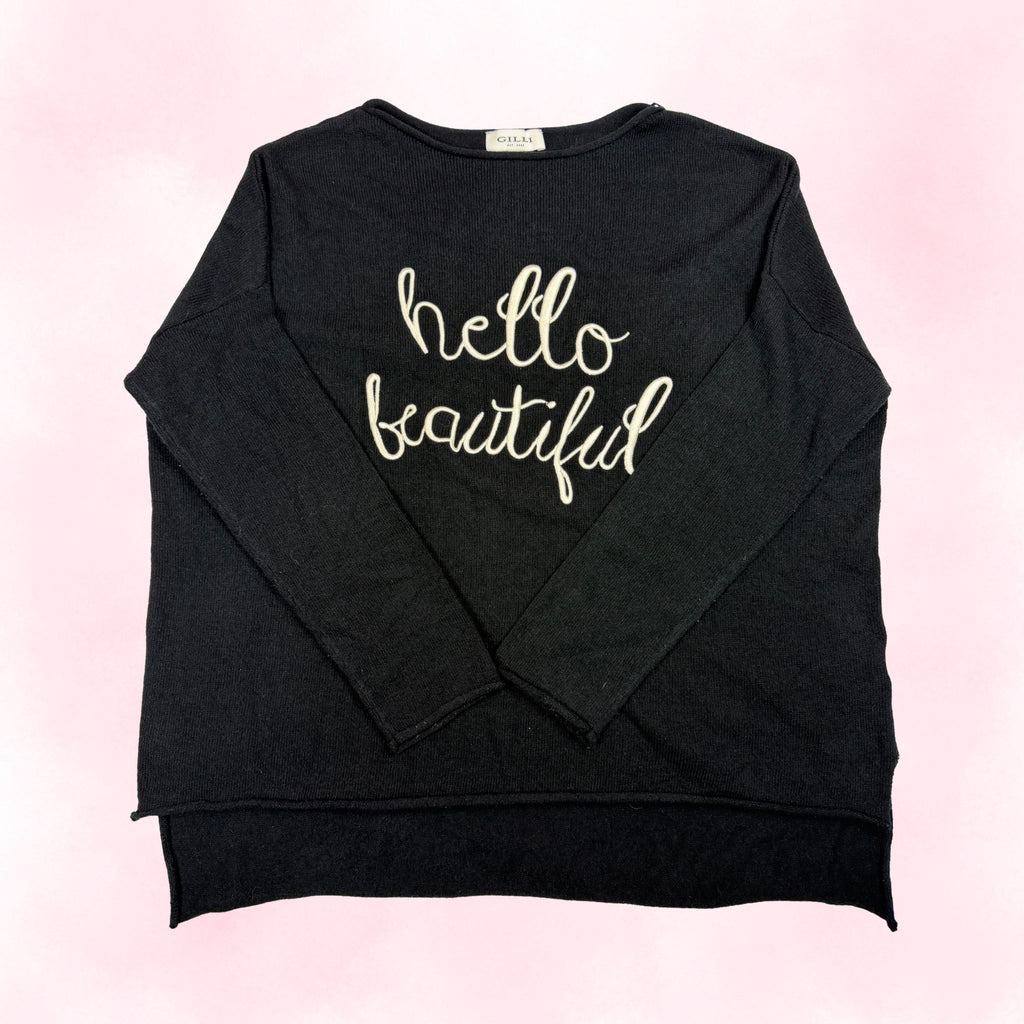 GILLI Women's Black Hello Beautiful Embroidered Sweater – Coquette Casual Chic Oversized Knit – Size M