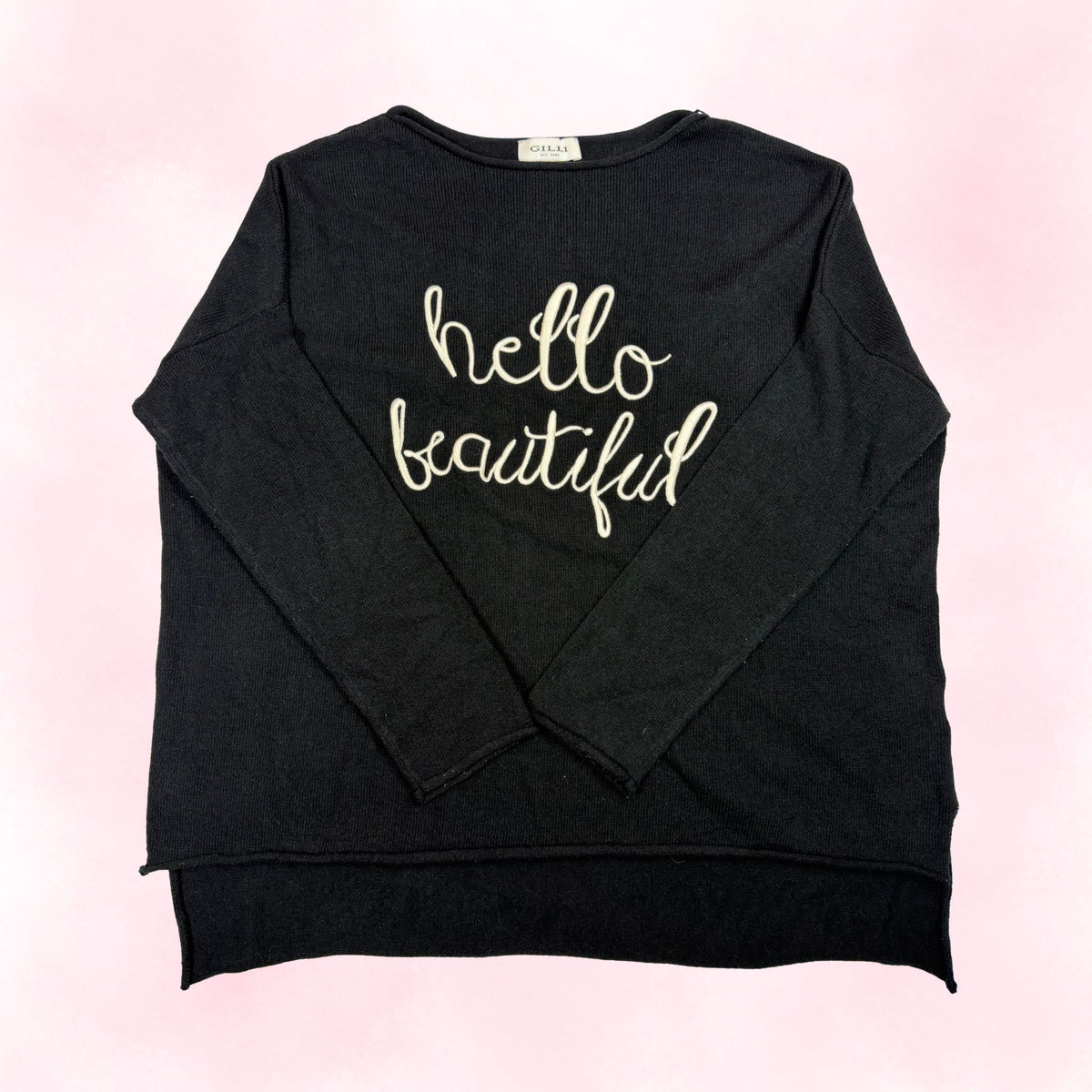 GILLI Women's Black Hello Beautiful Embroidered Sweater – Coquette Casual Chic Oversized Knit – Size M