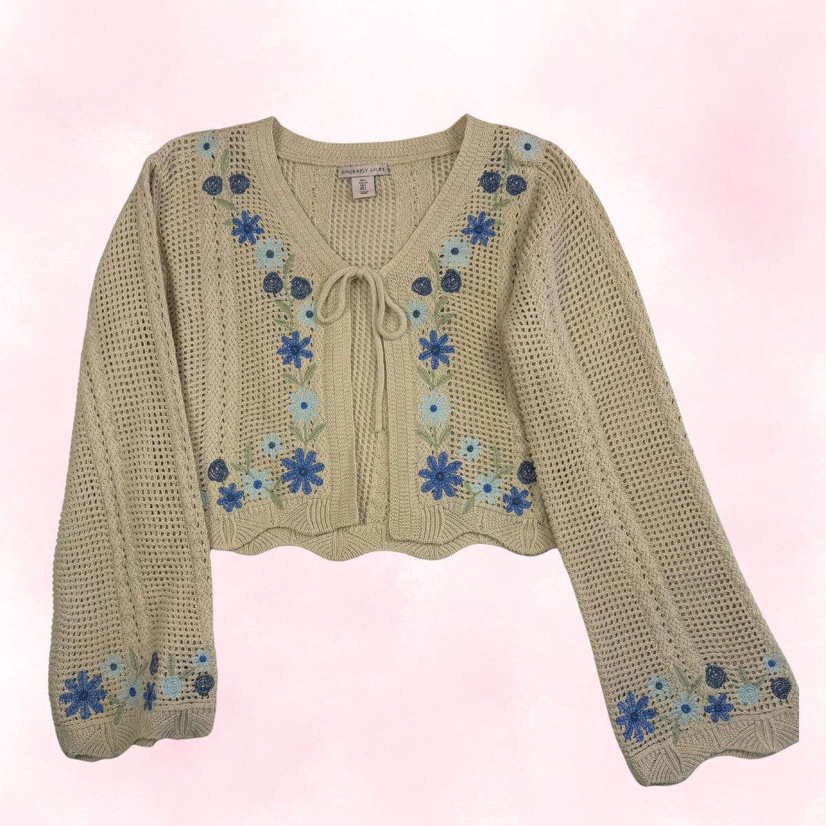 Sincerely Jules Women's Cream Crochet Floral Embroidered Cropped Cardigan – Size L