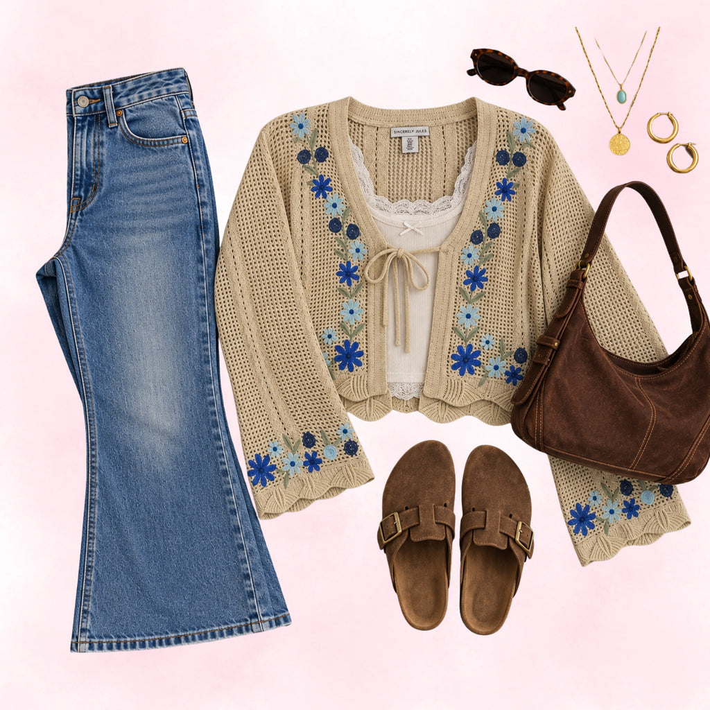 Sincerely Jules Women's Cream Crochet Floral Embroidered Cropped Cardigan – Size L