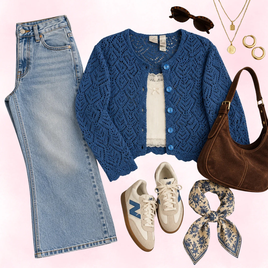 Emma James Women's Blue Crochet Open-Knit Button-Up Cardigan – Size L