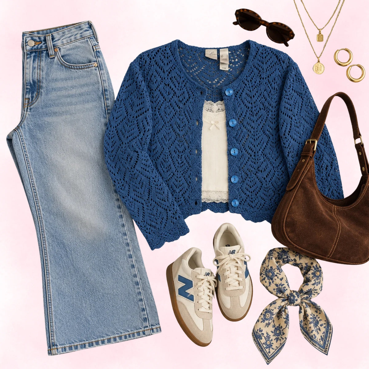 Emma James Women's Blue Crochet Open-Knit Button-Up Cardigan – Size L