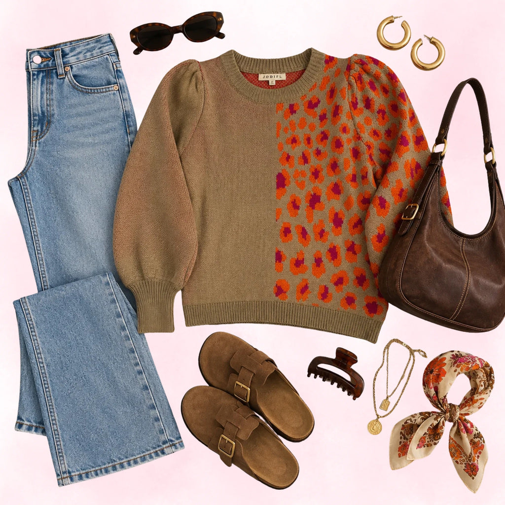 Jodifl Women's Tan Leopard Print Colorblock Puff Sleeve Sweater – Size M