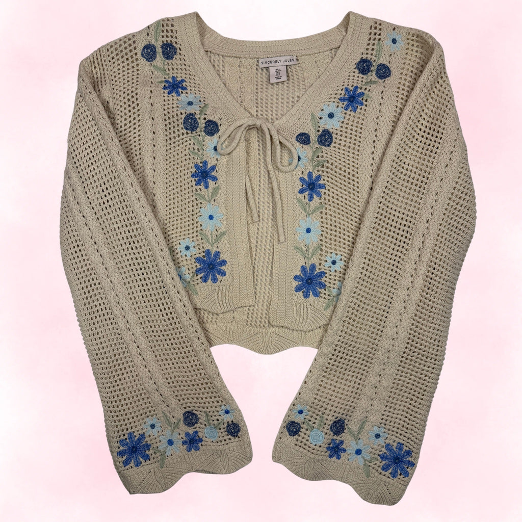 Sincerely Jules Women's Cream Crochet Floral Embroidered Cropped Cardigan – Size L