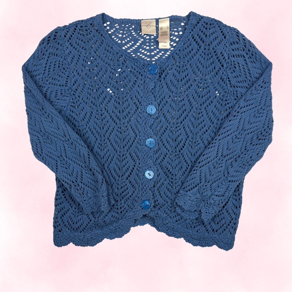 Emma James Women's Blue Crochet Open-Knit Button-Up Cardigan – Size L