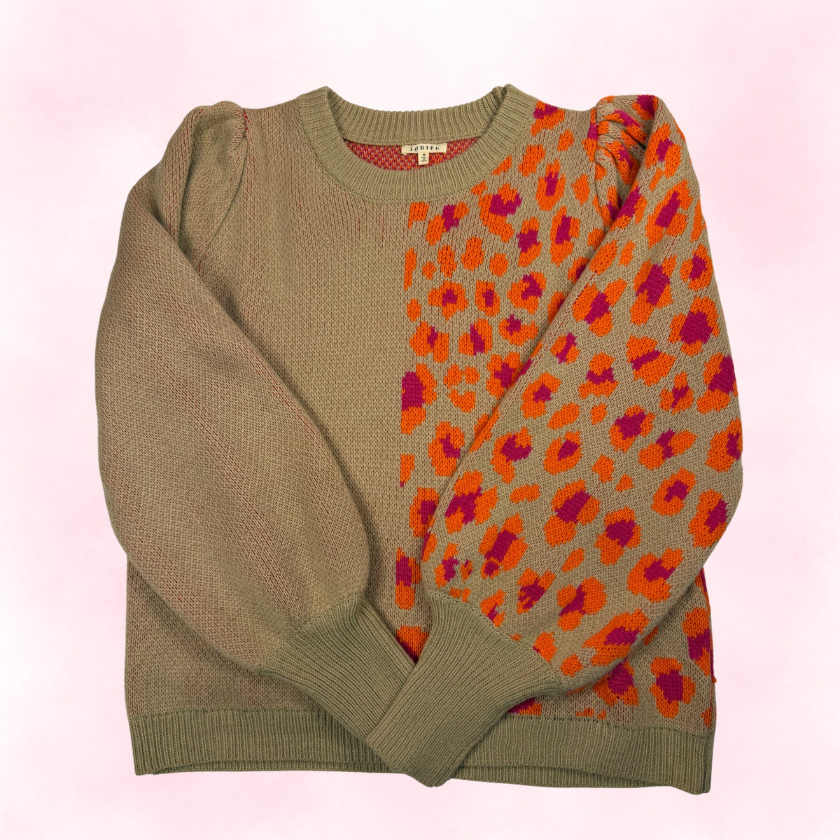Jodifl Women's Tan Leopard Print Colorblock Puff Sleeve Sweater – Size M
